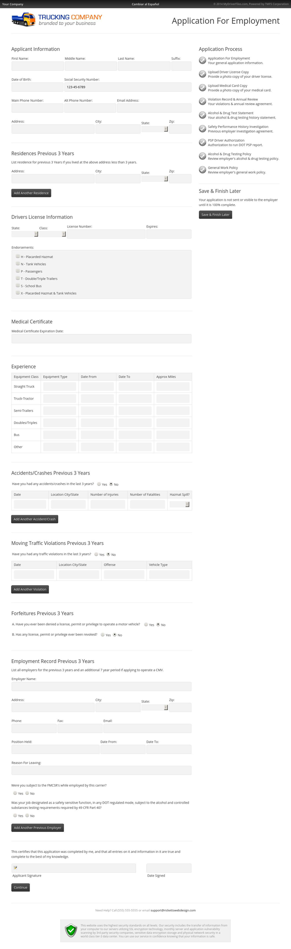 Screenshot: DOT Compliant Online Driver Application For Employment.