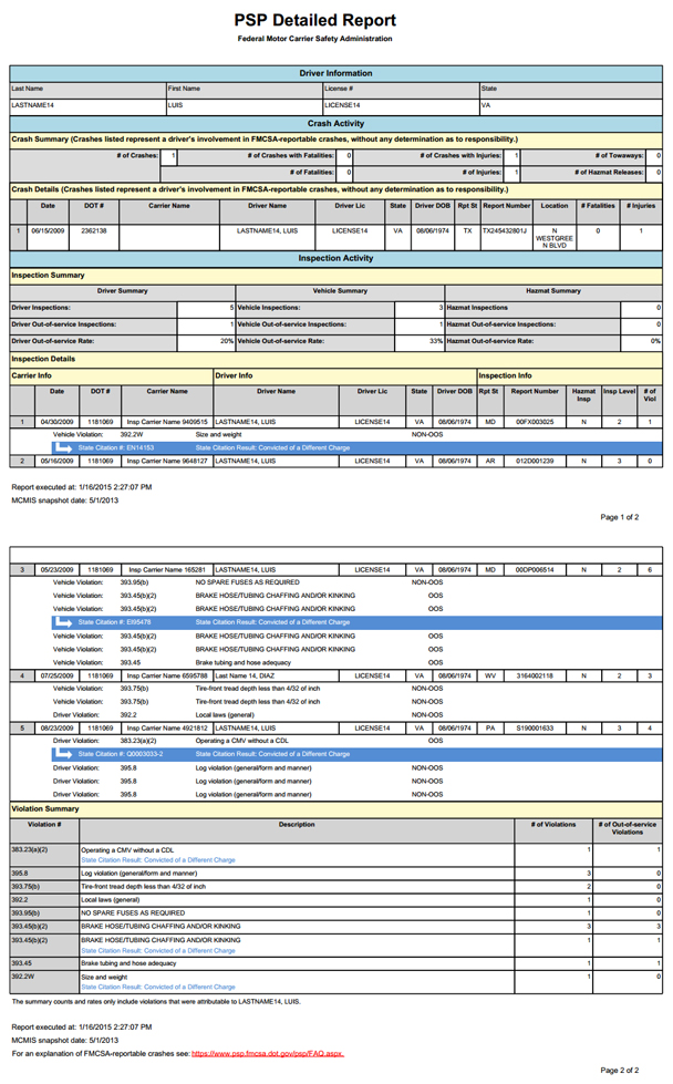 Screenshot: DOT Pre-Employment Screening Program (PSP) Report.